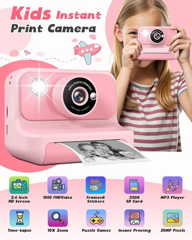 Kids Camera Instant Print, 2.4 Inch Screen Instant Cameras for Kids, Christmas Birthday Gifts Toys Camera for Toddler Girls Boys Age 3-12-Pink in Saudi Arabia