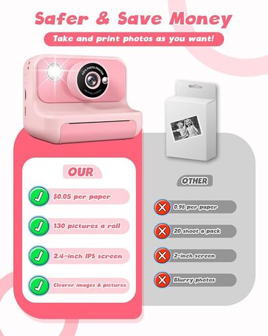 Kids Camera Instant Print, 2.4 Inch Screen Instant Cameras for Kids, Christmas Birthday Gifts Toys Camera for Toddler Girls Boys Age 3-12-Pink in Saudi Arabia