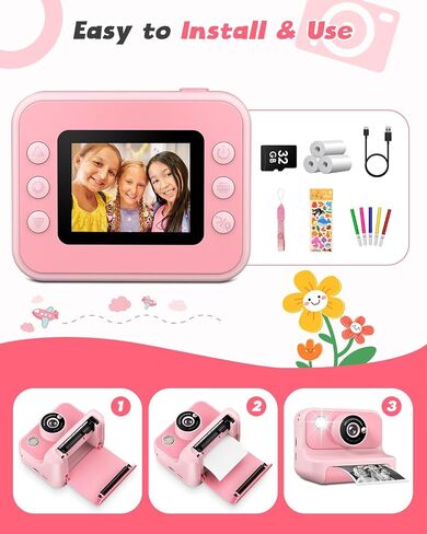 Kids Camera Instant Print, 2.4 Inch Screen Instant Cameras for Kids, Christmas Birthday Gifts Toys Camera for Toddler Girls Boys Age 3-12-Pink in Saudi Arabia