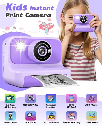 Kids Camera Instant Print, 2.4 Inch Screen Instant Cameras for Kids, Christmas Birthday Gifts Toys Camera for Toddler Girls Boys Age 3-12-Purple in Saudi Arabia