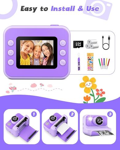 Kids Camera Instant Print, 2.4 Inch Screen Instant Cameras for Kids, Christmas Birthday Gifts Toys Camera for Toddler Girls Boys Age 3-12-Purple in Saudi Arabia