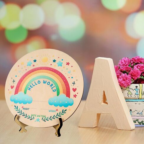 Baby Announcement Sign,Hello World newborn sign,Monthly Milestone Cards,Double-Sided Wooden Hello World,Newborn Welcome Sign with Marker Pen and wooden stand,as Photo Props for Hospital Nursery Baby Shower Keepsakes, Lucky Star (Rainbow Baby) in Saudi Arabia