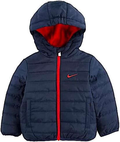 Nike Baby Boy/Girl Obsidian Navy Blue Hooded Puffer Jacket, Style 66G083/Color 695, Size 24 Months, Modern Contrasting Red Zipper, Swoosh & ‘Just Do It’ Zipper Placket, Cozy Warm Fleece Lined in Saudi Arabia