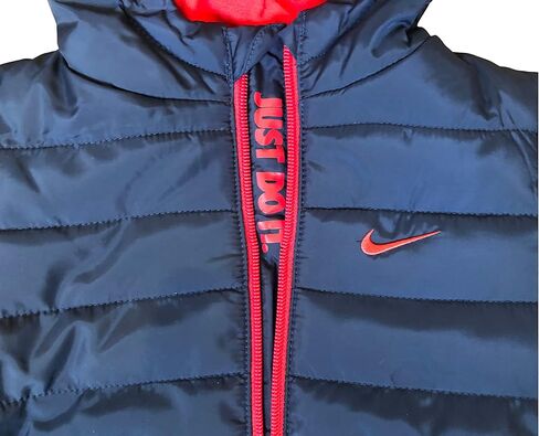 Nike Baby Boy/Girl Obsidian Navy Blue Hooded Puffer Jacket, Style 66G083/Color 695, Size 24 Months, Modern Contrasting Red Zipper, Swoosh & ‘Just Do It’ Zipper Placket, Cozy Warm Fleece Lined in Saudi Arabia
