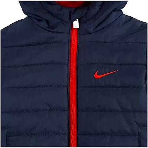 Nike Baby Boy/Girl Obsidian Navy Blue Hooded Puffer Jacket, Style 66G083/Color 695, Size 24 Months, Modern Contrasting Red Zipper, Swoosh & ‘Just Do It’ Zipper Placket, Cozy Warm Fleece Lined in Saudi Arabia