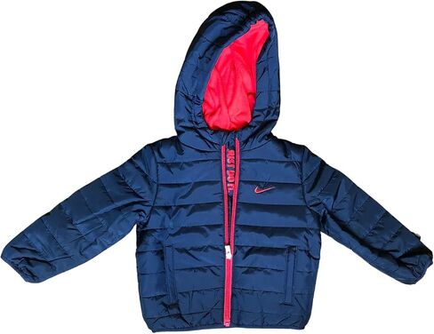 Nike Baby Boy/Girl Obsidian Navy Blue Hooded Puffer Jacket, Style 66G083/Color 695, Size 24 Months, Modern Contrasting Red Zipper, Swoosh & ‘Just Do It’ Zipper Placket, Cozy Warm Fleece Lined in Saudi Arabia