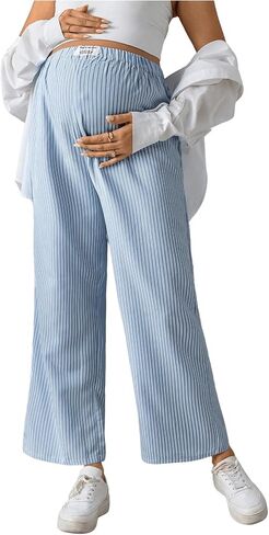 MakeMeChic Women's Maternity Striped Print Pant High Waisted Wide Leg Straight Pants Pregnancy Trousers in Saudi Arabia