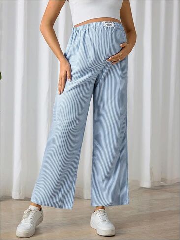 MakeMeChic Women's Maternity Striped Print Pant High Waisted Wide Leg Straight Pants Pregnancy Trousers in Saudi Arabia