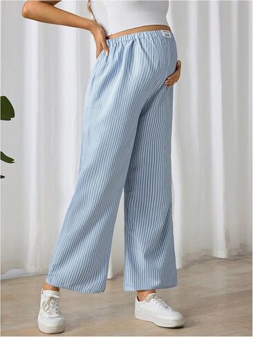 MakeMeChic Women's Maternity Striped Print Pant High Waisted Wide Leg Straight Pants Pregnancy Trousers in Saudi Arabia