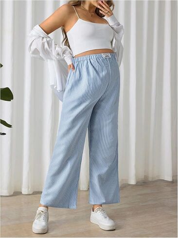 MakeMeChic Women's Maternity Striped Print Pant High Waisted Wide Leg Straight Pants Pregnancy Trousers in Saudi Arabia