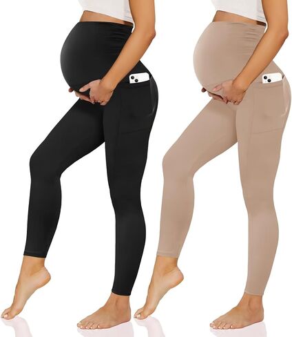 Happy.angel 1/2 حزمة من السراويل الضيقة للحمل مع جيوب فوق البطن، سراويل نسائية سوداء للتمرين واليوجا والحمل in Kuwait