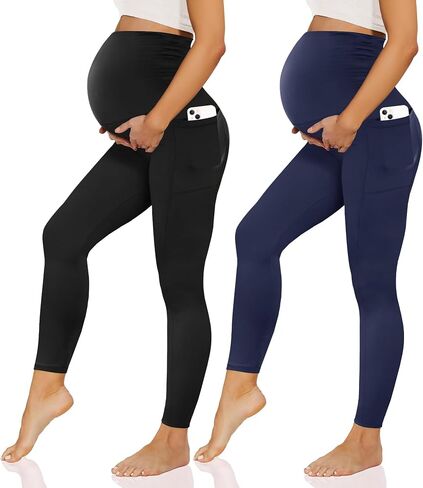 Happy.angel 1/2 حزمة من السراويل الضيقة للحمل مع جيوب فوق البطن، سراويل نسائية سوداء للتمرين واليوجا والحمل in Kuwait