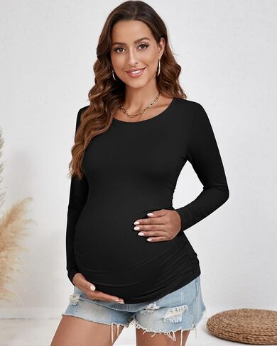 Ficerd 3 قطع من قمصان الحمل النسائية، تي شيرت الحمل مكشكش جانبيًا، تي شيرت أساسي بأكمام طويلة، ملابس ماما غير رسمية in Saudi Arabia