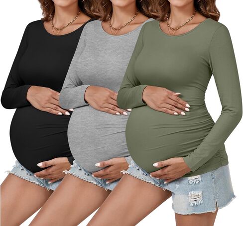 Ficerd 3 قطع من قمصان الحمل النسائية، تي شيرت الحمل مكشكش جانبيًا، تي شيرت أساسي بأكمام طويلة، ملابس ماما غير رسمية in Saudi Arabia