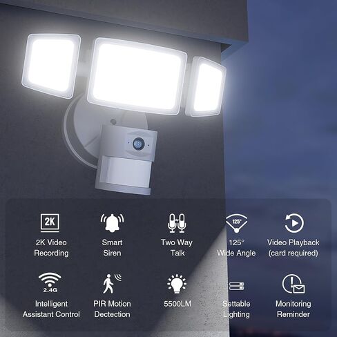 كاميرا Onforu Floodlight الخارجية، عبوتان كاميرا سلكية ذكية بقدرة 55 وات مع مصابيح LED 5500LM 2K HD IP65 كشف الحركة، صفارة إنذار 67 ديسيبل، صوت ثنائي الاتجاه، تسجيلات ملونة كاملة 125 درجة لأمن المنزل in Kuwait