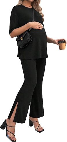 OYOANGLE Women's Maternity Set 2 Piece Outfits Short Sleeve Loose Fit T Shirt and Split Side Flared Pants Jumpsuit in Saudi Arabia