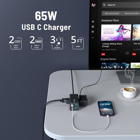 شاحن TROND 65W USB C - 7 في 1 ثنائي الجهد للسفر، محطة شحن مكتبية USB C مع منفذين USB-C ومنفذين USB-A، سلك تمديد شحن سريع مع 3 منافذ تيار متردد، أبيض in Kuwait