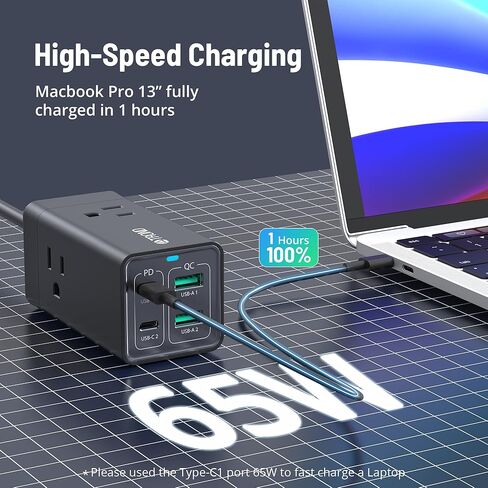 شاحن TROND 65W USB C - 7 في 1 ثنائي الجهد للسفر، محطة شحن مكتبية USB C مع منفذين USB-C ومنفذين USB-A، سلك تمديد شحن سريع مع 3 منافذ تيار متردد، أبيض in Kuwait
