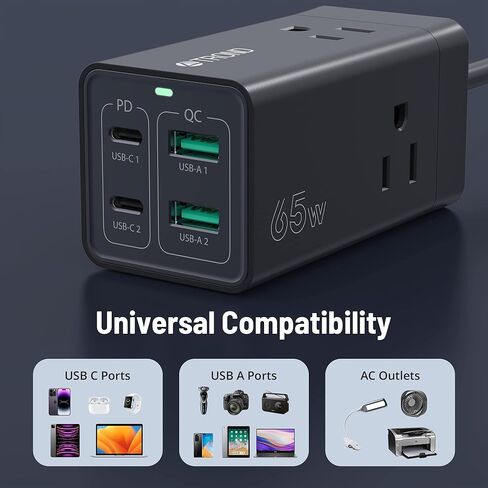 شاحن TROND 65W USB C - 7 في 1 ثنائي الجهد للسفر، محطة شحن مكتبية USB C مع منفذين USB-C ومنفذين USB-A، سلك تمديد شحن سريع مع 3 منافذ تيار متردد، أبيض in Kuwait