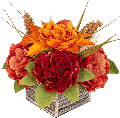 Fall Decor Autumn Harvest Pumpkins Centerpiece - Artificial Peony Arrangement in Wooden Box for Thanksgiving Party Mantel Fall Decor in Saudi Arabia