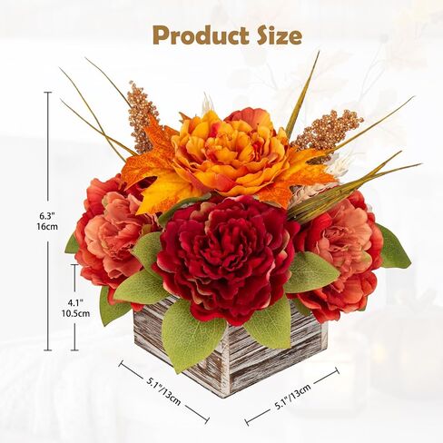 Fall Decor Autumn Harvest Pumpkins Centerpiece - Artificial Peony Arrangement in Wooden Box for Thanksgiving Party Mantel Fall Decor in Saudi Arabia