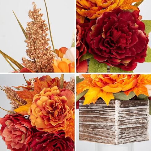 Fall Decor Autumn Harvest Pumpkins Centerpiece - Artificial Peony Arrangement in Wooden Box for Thanksgiving Party Mantel Fall Decor in Saudi Arabia