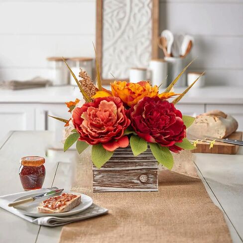 Fall Decor Autumn Harvest Pumpkins Centerpiece - Artificial Peony Arrangement in Wooden Box for Thanksgiving Party Mantel Fall Decor in Saudi Arabia