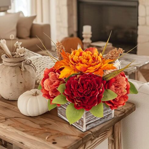Fall Decor Autumn Harvest Pumpkins Centerpiece - Artificial Peony Arrangement in Wooden Box for Thanksgiving Party Mantel Fall Decor in Saudi Arabia