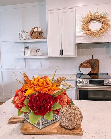 Fall Decor Autumn Harvest Pumpkins Centerpiece - Artificial Peony Arrangement in Wooden Box for Thanksgiving Party Mantel Fall Decor in Saudi Arabia
