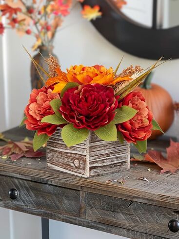 Fall Decor Autumn Harvest Pumpkins Centerpiece - Artificial Peony Arrangement in Wooden Box for Thanksgiving Party Mantel Fall Decor in Saudi Arabia