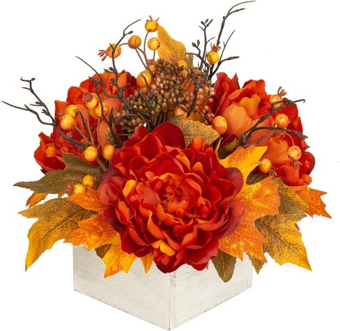 Fall Decor Autumn Harvest Pumpkins Centerpiece - Artificial Peony Arrangement in Wooden Box for Thanksgiving Party Mantel Fall Decor in Saudi Arabia