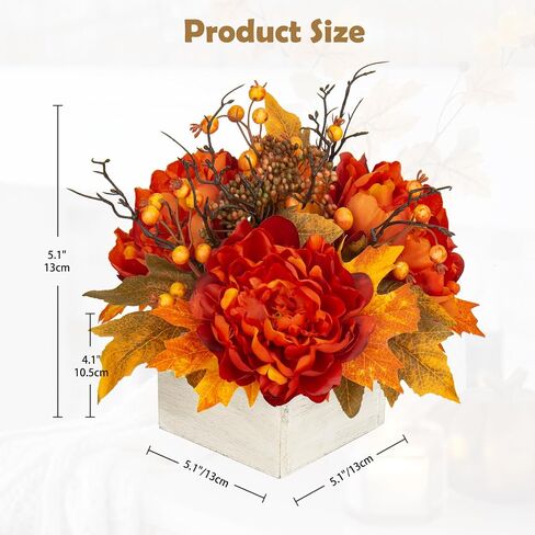 Fall Decor Autumn Harvest Pumpkins Centerpiece - Artificial Peony Arrangement in Wooden Box for Thanksgiving Party Mantel Fall Decor in Saudi Arabia