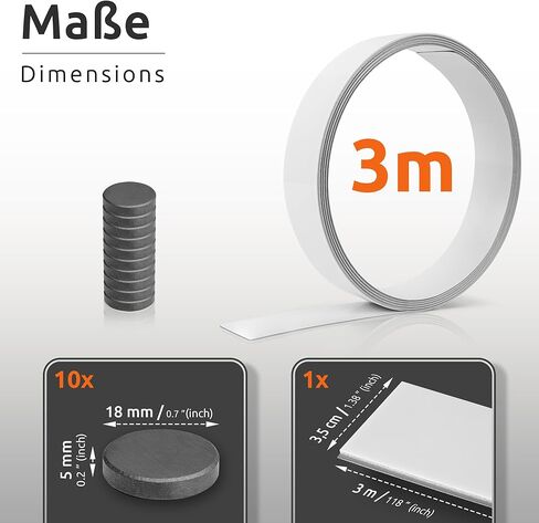 شريط معدني ذاتي اللصق بطول 3 متر من ECENCE مع 10x مغناطيس من الفريت، شريط حديدي، شريط فولاذي، شريط معدني مثالي للملاحظات والصور والمذكرات in Kuwait