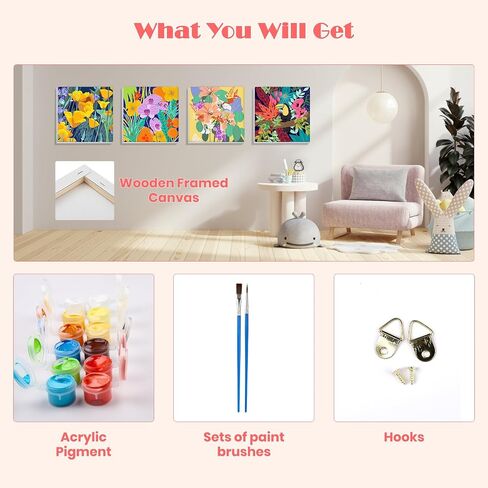 MISCER 4 Pack Animals Paint by Numbers for Kids Adults, Cartoon Paint by Number Kits for Kids, DIY Animals Oil Painting Suitable for Home Decoration (8x8inch) in Saudi Arabia
