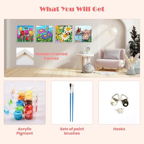 MISCER 4 Pack Animals Paint by Numbers for Kids Adults, Cartoon Paint by Number Kits for Kids, DIY Animals Oil Painting Suitable for Home Decoration (8x8inch) in Kuwait