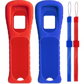 2 Packs Silicone Skin Case Cover with Wrist Strap for Nintendo Wii Remote Controller (Red+Blue)