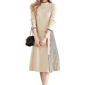 LAI MENG FIVE CATS Women's Elegant Long Sleeve Sweater Ribbed Knit Pullover Fall Midi Dress