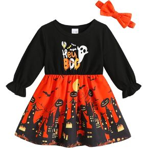 YOUNGER TREE Toddler Baby Girl Halloween Dress Little Kid Long Sleeve Pumpkin Ghost Printed Halloween Clothes with Headband