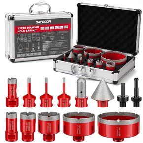 DAYDOOR Diamond Hole Saw Kit, 13PCS Diamond Core Drill Bit Set 6/6/8/20/25/35/50/75/100+20mm Finger Bit+50mm Beveling Chamfer Bit, Diamond Hole Saw Drill Bits for Tile Ceramic Porcelain