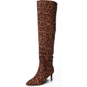 Women's Mid-High Stiletto 3ins Heel Pointed Toe Footwears Side Zipper Pleated Wrinkled Shaft Shoes Soft Comfortable Leopard Suede Leather Sexy Long Thigh High Boots and Fashion Tall Knee High Booties