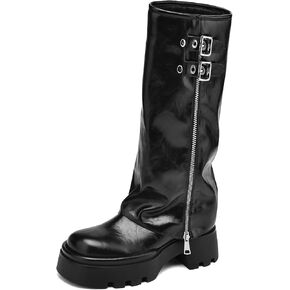 Women's Knee High Boots Platform Square Toe Tall Boots Chunky Low Heel Fold Over Boots Buckles Biker Riding Boots for Women Long Boots