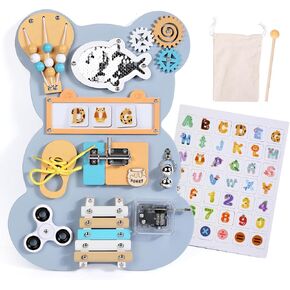 Montessori Toddler Busy Board, Wooden Sensory Board Activity Board Fine Motor Skills, Gifts for 3 4 5 Year Old Boys and Girls