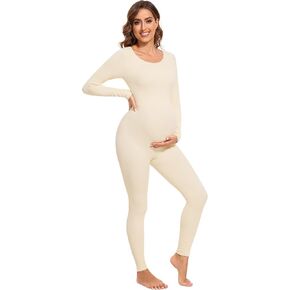 Angelhood Maternity Bodysuit Ribbed Long Sleeve Maternity Workout Romper One Piece Yoga Pregnancy Jumpsuit Shapewear