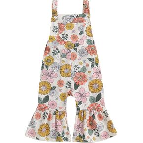 Lefyira Baby Girl Bell Bottom Romper Floral Flare Jeans Jumpsuit Toddler Denim Overalls Suspender Pants Fall Winter Clothes