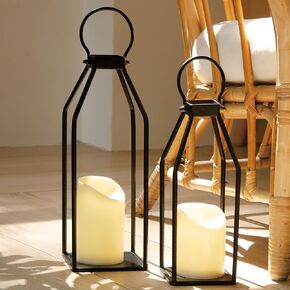 Perfnique Modern Farmhouse Wedding Lantern Decor, 15'' 12.6'' Set of 2 Gold Metal Lanterns, 2 LED 6hr Timer Flickering Flameless Candles, Lanterns Decorative for Outdoor, Porch, Fireplace, Patio