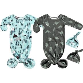 Newborn Baby Long Sleeve Sleeper Gown with Mittens Knotted Gown Coming Home Outfit Nightgown Hat Set 2 Pieces