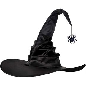 Halloween Witch Hat with Handcrafted Pleating and Glittery Spider Pendant, Halloween Costume Accessory Black Witch Hat