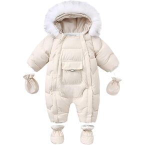 Baby Snowsuit Toddler Winter Unisex Romper Infant Girls Boys Solid Hooded Jumpsuit with Gloves Footie Down Coat Jacket