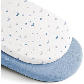 Muslin Bassinet Sheets for Baby Boy Girl - 100% Cotton Extra Soft Bassinet Fitted Sheets for Oval Rectangle Hourglass Pad/Mattress, 2 Pack(Blue&Moon Star)