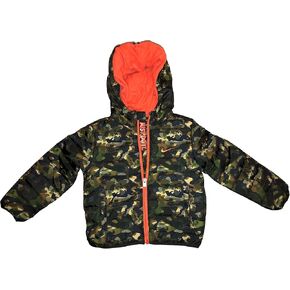 Nike Baby Boy/Girl Army Camo Hooded Puffer Jacket, Style 66G083/Color A38, Size 24 Months, Classic Camo, Modern Contrasting Orange Zipper, Swoosh & ‘Just Do It’ Zipper Placket, Cozy Warm Fleece Lined